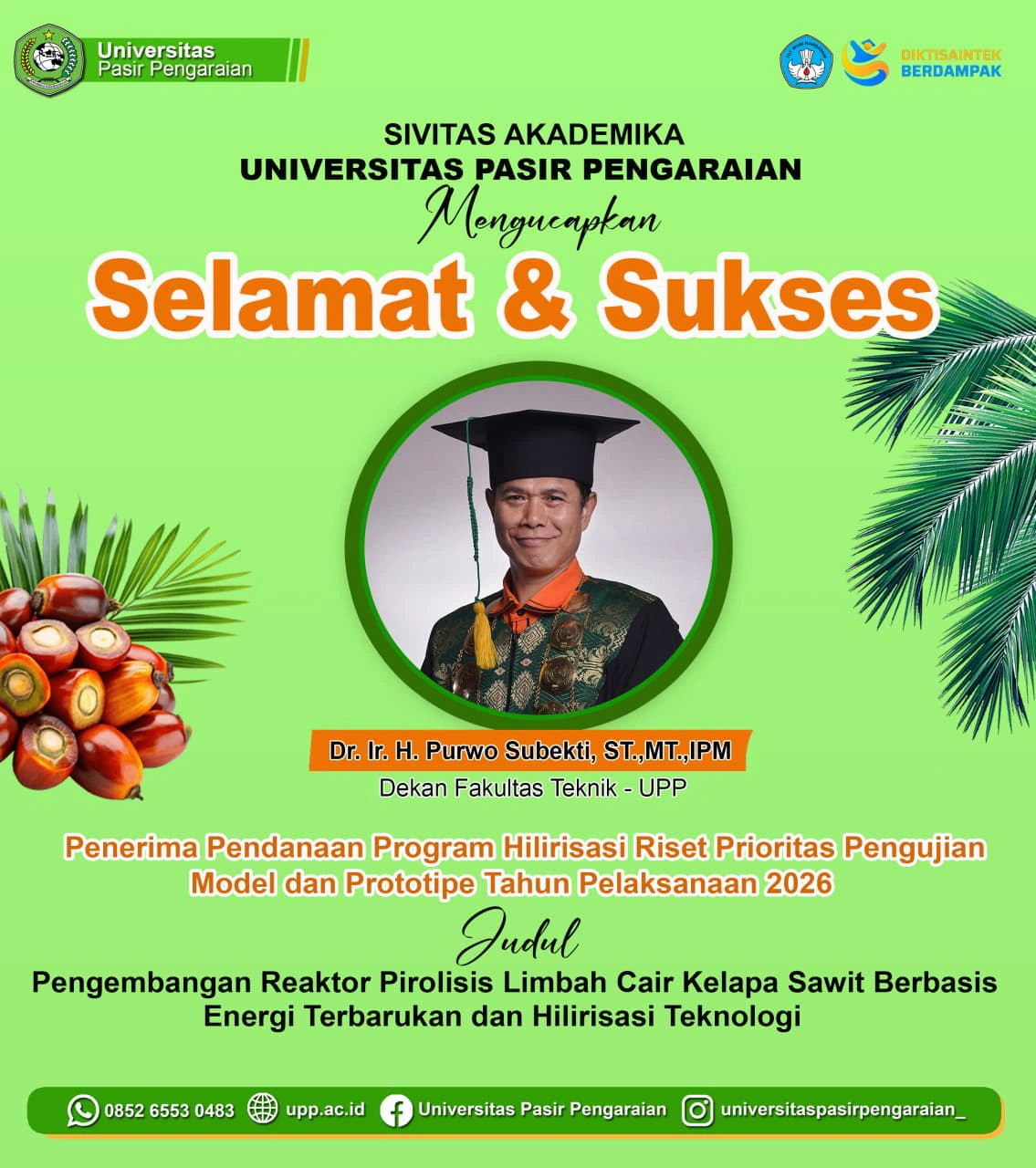 Dekan Fakultas Teknik UPP Raih Pendanaan Program Hilirisasi Riset Prioritas Tahun 2026